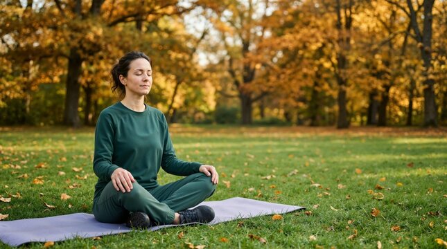 Woman meditating in lotus pose on mat in autumn park. Female sitting on grass with closed eyes for mindfulness practice among fall trees