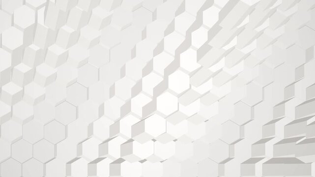 Abstract white geometric background featuring moving hexagonal columns creating dynamic wave patterns and soft lighting effects