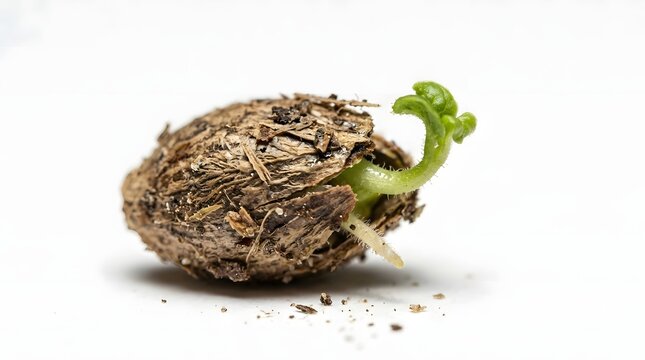 Tiny Green Seedling Sprouting From Seed Pellet on White Background