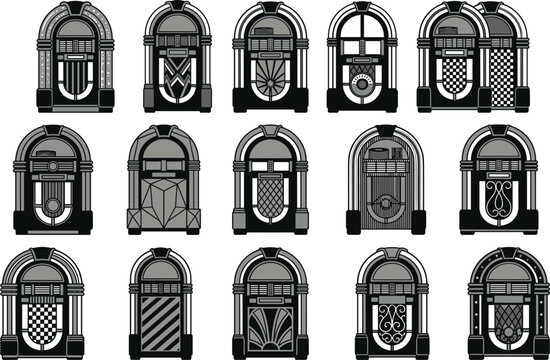 Retro music culture and diner entertainment icons set including traditional automatic phonographs and speakers vector.eps