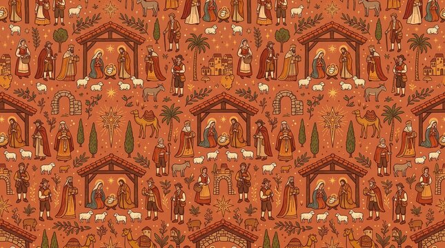 Italian nativity scene seamless pattern with holy family, three kings, shepherds, sheep and camels, terracotta folk art Christmas wrapping paper
