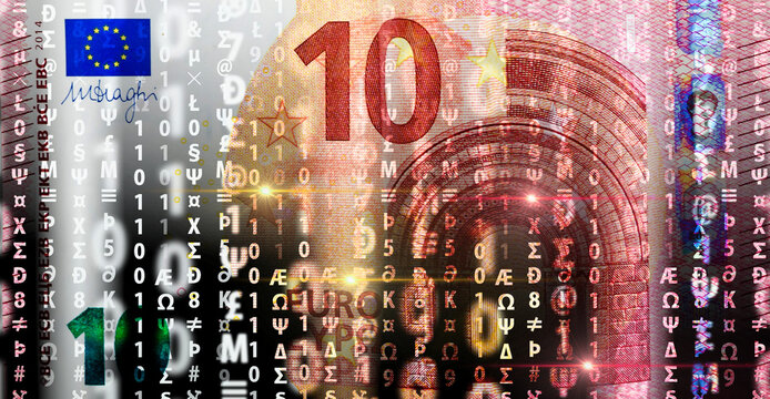 Euro banknotes dissolving into binary code as a concept of digital currency transformation and financial cyber crime.
