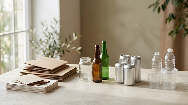 Recycled glass bottles cans paper water bottles arranged flat lay on