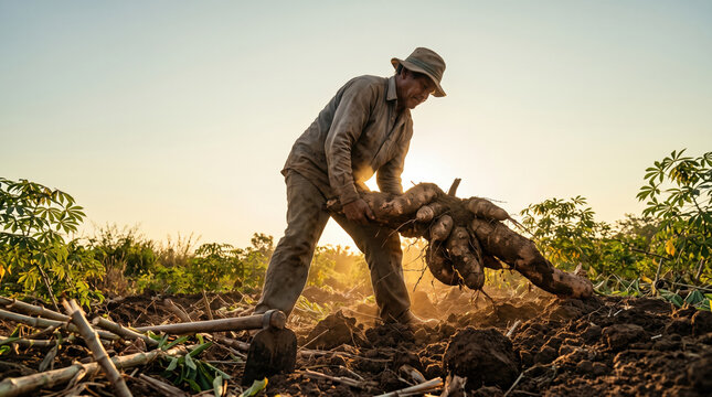 Farmer lifting giant cassava root from soil at sunset, showing strength and rural agricultural labor