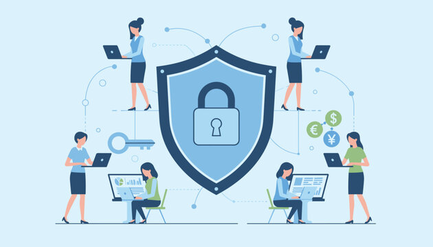 Female IT security team working on laptops around giant blue protective padlock shield representing cyber security.