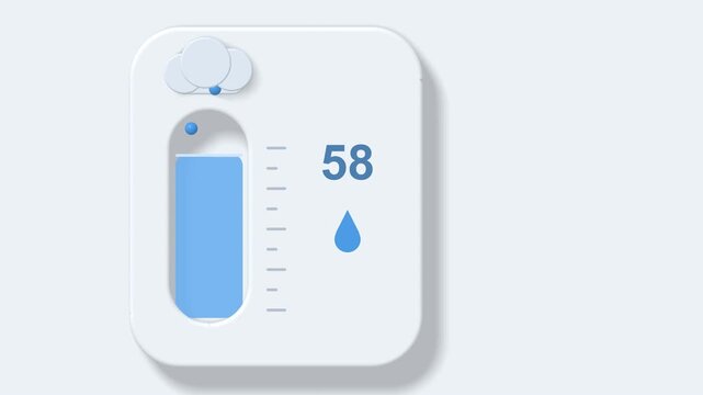 Neumorphic rain weather app widget animation, raindrops fall from a soft cloud into a tall gauge tube, ripples spread and the water level and millimeter reading rise, seamless loop 4K