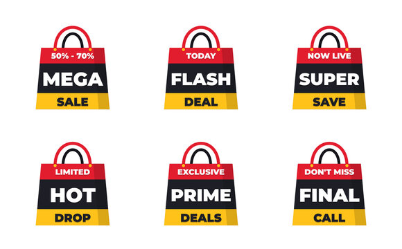 Transparent background Mega sale and flash deal shopping bag icon set . Features distinct labels for limited drop, prime deals, and final call promotions. Flat design for retail marketing.