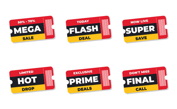 Transparent Sale ticket banner set. Features red, black, and yellow tags with promotional text like mega sale, flash deal, and hot drop. Bright graphic labels for retail marketing campaigns.