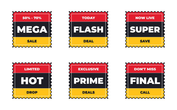Transparent background Sale and discount stamp collection. Includes red, black, and yellow badges with promotional text like mega sale and flash deal. Flat vector graphics for retail marketing.