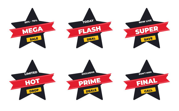 Transparent Sale star badge collection. Includes black stars with red ribbon banners and yellow tags for promotional discount events. Clean flat graphic design for retail marketing and e-commerce.