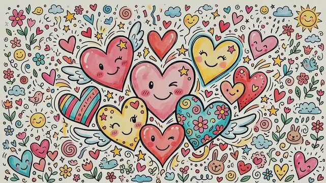 Colorful cartoon hearts with smiling faces and whimsical elements in a cheerful pattern