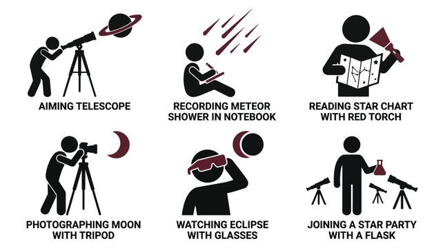 Astronomy icons depicting people engaging in stargazing activities with telescopes and maps during night