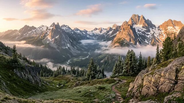 Majestic mountain landscape at sunrise with misty valleys and lush greenery in the foreground