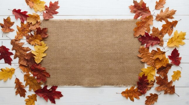 Autumn leaves decorative border on brown background