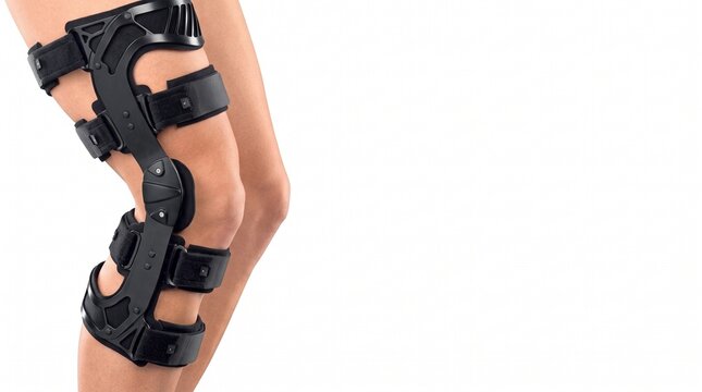 Post Operative Knee Joint Orthosis Brace Displayed on Female Leg for ACL Ligament Rehabilitation