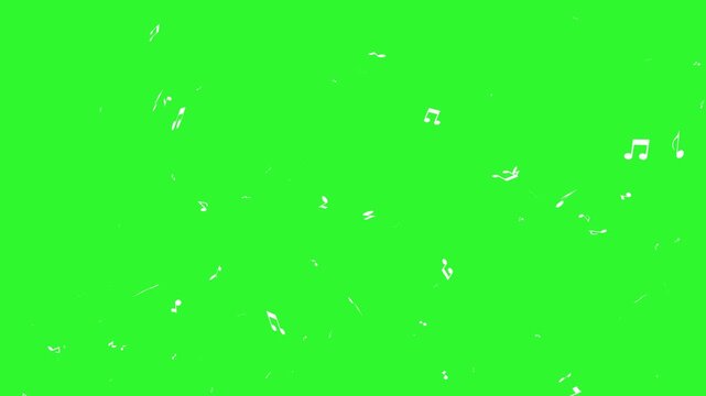 Musical note green screen. White treble clef and flying music symbols with glowing outlines, floating motion and isolated chroma key background. Music overlay, seamless 4k animation.