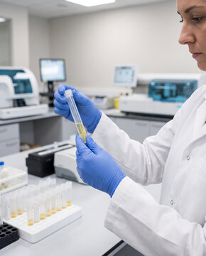 Medical laboratory scientist examines urine specimen during routine urinalysis, supporting kidney health screening, urinary tract diagnostics, clinical laboratory testing and preventive healthcare.