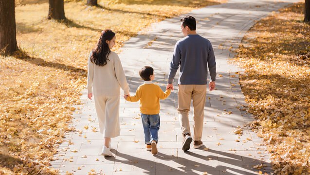 young family of three holding hands and walking along a paved path covered with golden autumn leaves, rear view lifestyle photography, conceptual family togetherness and happy autumn outing concept