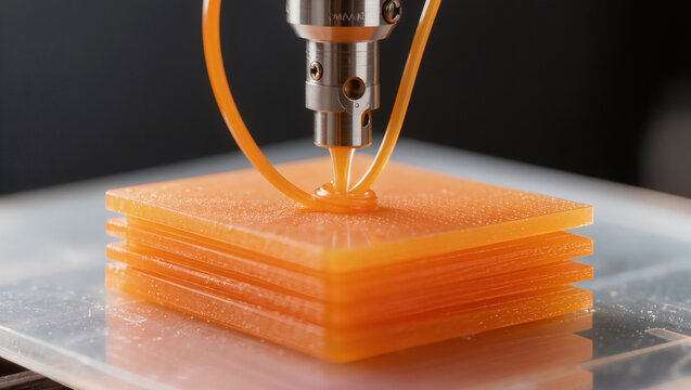 3d printer nozzle extruding glowing orange resin onto stacked translucent layers on a clear build plate, macro technology photo, conceptual additive manufacturing and prototyping for industry concept