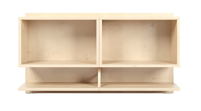 Modern minimalist light wood bookshelf and storage unit with two upper compartments and a lower open shelf for home or office organization, isolated on a transparent background.