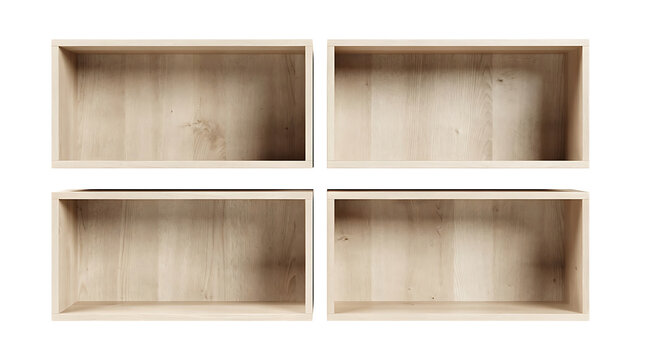 Set of four empty light wooden box shelves with natural oak grain texture, modular floating wall cube cabinet storage mockup isolated on white transparent background for interior design
