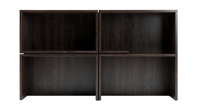 Contemporary dark brown wooden modular shelf unit with 2x2 grid compartments for home and office interior storage, minimalist furniture design isolated on transparent background