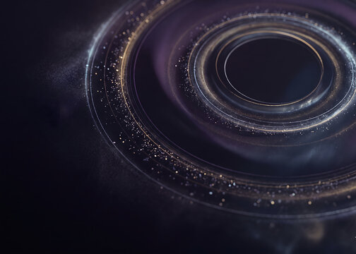 Abstract cosmic swirl with glowing golden stardust rings and dark space vortex background