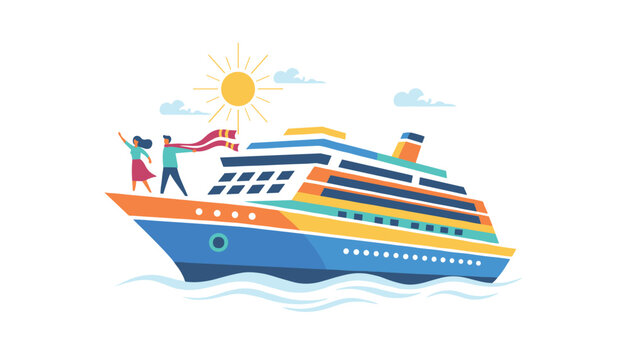 Luxury cruise liner ship sailing on ocean waves under a bright summer sun with joyful travelers waving from the upper deck.