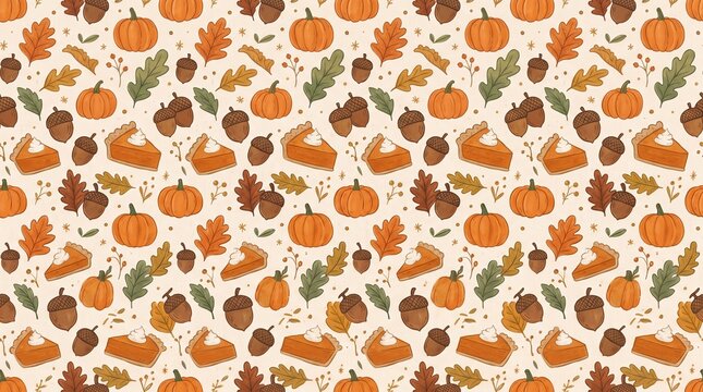 Seamless Autumn Pattern Featuring Hand-Drawn Pumpkins Oak Leaves Acorns And Pumpkin Pie Slices For Seasonal Fall Backgrounds