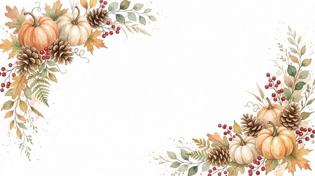 Watercolor Autumn Seasonal Background With Pumpkin Pinecone And Foliage Illustrations For Thanksgiving Or Harvest Holiday Greeting Cards