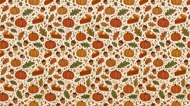 Seamless Autumn Pattern Featuring Hand Drawn Pumpkins Slices of Pumpkin Pie Acorns and Fallen Oak Leaves for Seasonal Decor