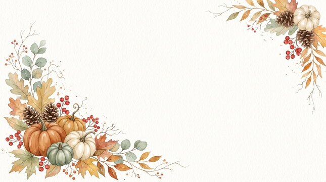 Watercolor Autumnal Harvest Frame With Pumpkins Foliage And Berries For Seasonal Thanksgiving Holiday Invitations And Decorations