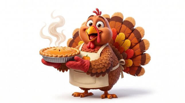 Cheerful Cartoon Turkey Character Wearing a Cooking Apron and Holding a Freshly Baked Hot Pumpkin Pie for Thanksgiving Celebration