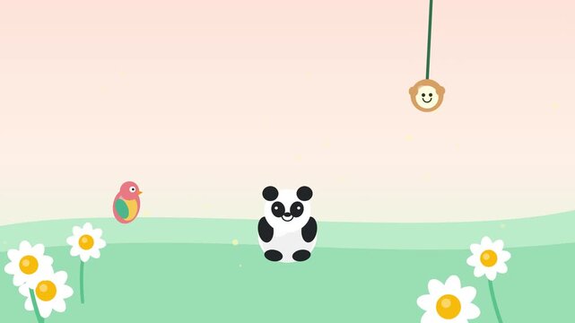 Cute animated panda and friends playing in a colorful spring