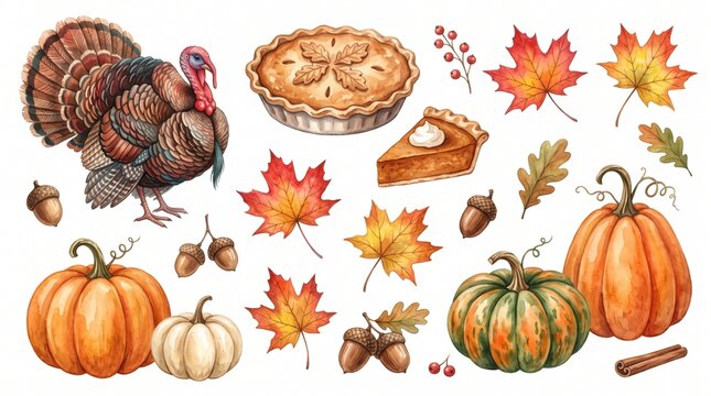 Hand Painted Watercolor Thanksgiving Collection Featuring A Festive Turkey Vibrant Autumn Leaves Pumpkins And Delicious Pumpkin Pie