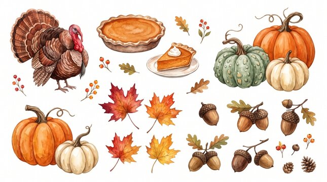 Watercolor Thanksgiving Elements Featuring Roasted Turkey Pumpkin Pie Harvest Squash Autumn Leaves And Acorns Fall Festive Set