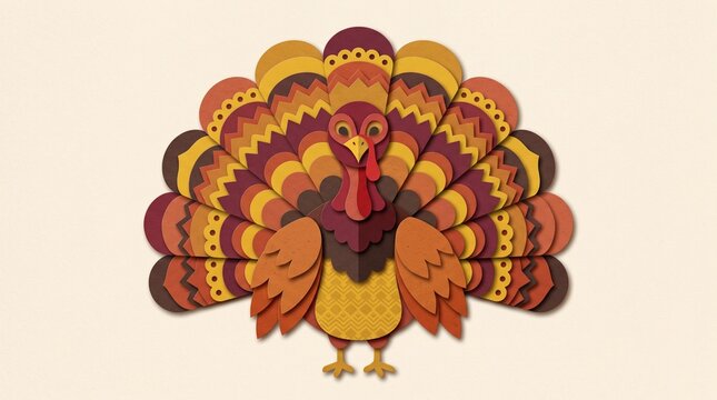 Paper craft Thanksgiving turkey illustration featuring intricate layered feather textures with warm autumn colors for festive holiday design projects