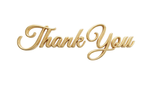 3d metallic gold cursive text saying thank you isolated on transparent background