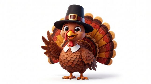 Adorable Cartoon Turkey Character Wearing a Traditional Black Pilgrim Hat Celebrating Thanksgiving Holiday Festive Seasonal Illustration