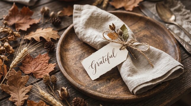 Elegant Rustic Autumn Table Setting Featuring A Linen Napkin On A Wooden Plate With A Grateful Tag Surrounded By Dry Fall Leaves