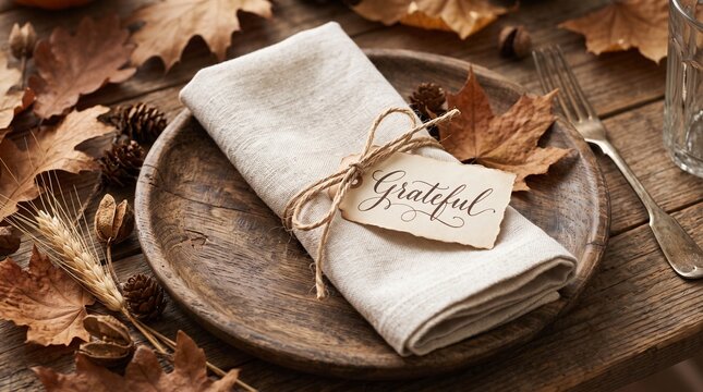 Rustic Thanksgiving Table Setting Featuring A Wooden Plate Linen Napkin And A Grateful Tag Surrounded By Dried Autumn Leaves And Pinecones