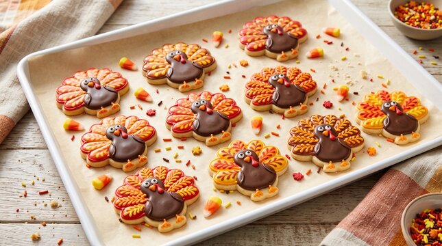 Freshly Baked Turkey Shaped Sugar Cookies Arranged on a Baking Tray for Thanksgiving Holiday Celebrations and Seasonal Festivities