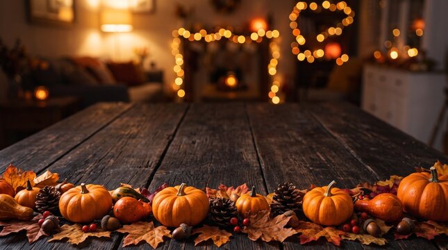 Festive Rustic Wooden Tabletop Decorated With Vibrant Autumn Pumpkins And Colorful Fallen Leaves For Thanksgiving Holiday Celebration