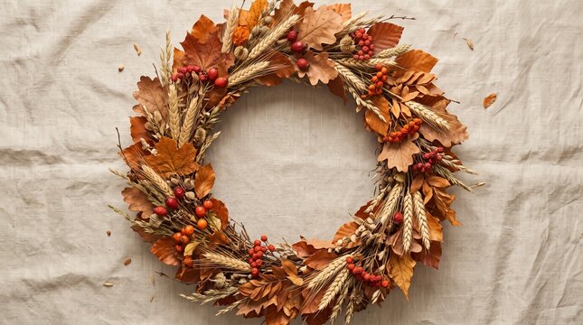 Handcrafted Autumnal Wreath Featuring Vibrant Dried Leaves Wheat Stalks and Seasonal Berries Arranged on a Natural Rustic Linen Fabric Background for Harvest Home Decor