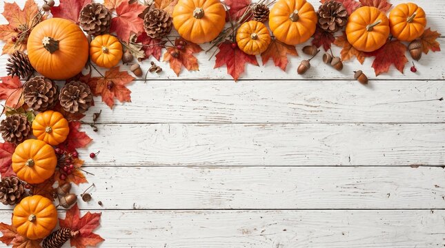 Rustic White Wood Background With Decorative Autumnal Pumpkins Maple Leaves And Pine Cones For Thanksgiving Celebration Invitations