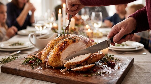 A succulent golden roasted turkey being carefully carved by hand on a rustic wooden board at a festive family holiday dinner party