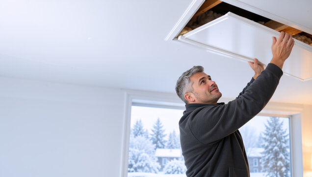Man opening ceiling attic hatch in modern house. Home insulation and maintenance concept