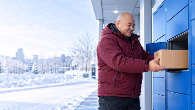 Asian man retrieving package from automated parcel locker. Happy customer picking up parcel box outdoors in winter