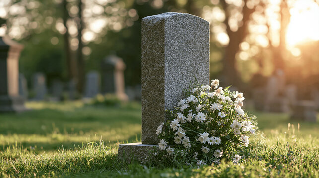 Granite gravestone in a cemetery with a bouquet of white flowers during sunset. Ideal for memorials, remembrance, and funeral services.