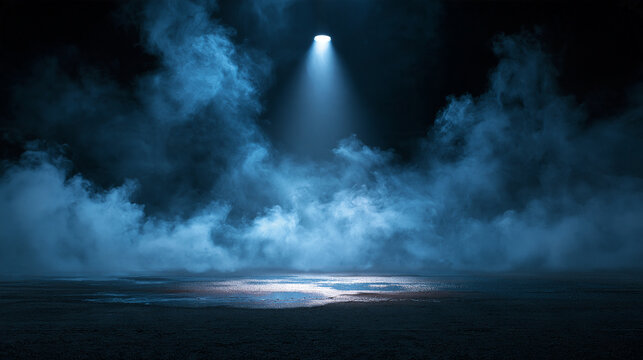 Dramatic theatrical spotlight shining through thick blue smoke and mist onto a dark stage floor. Moody background concept for product presentations or performances.